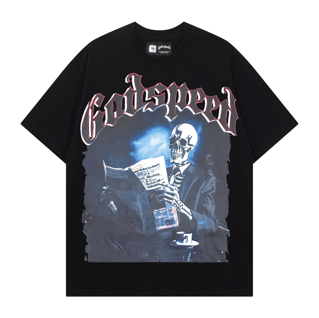 Joanshop Trendy Brand Export God&Speed Skull Letter Pattern Printed Short-Sleeved T-Shirt for Men and Women High Street Hip-Hop Half-Sleeve