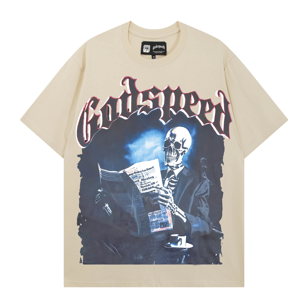 Joanshop Trendy Brand Export God&Speed Skull Letter Pattern Printed Short-Sleeved T-Shirt for Men and Women High Street Hip-Hop Half-Sleeve